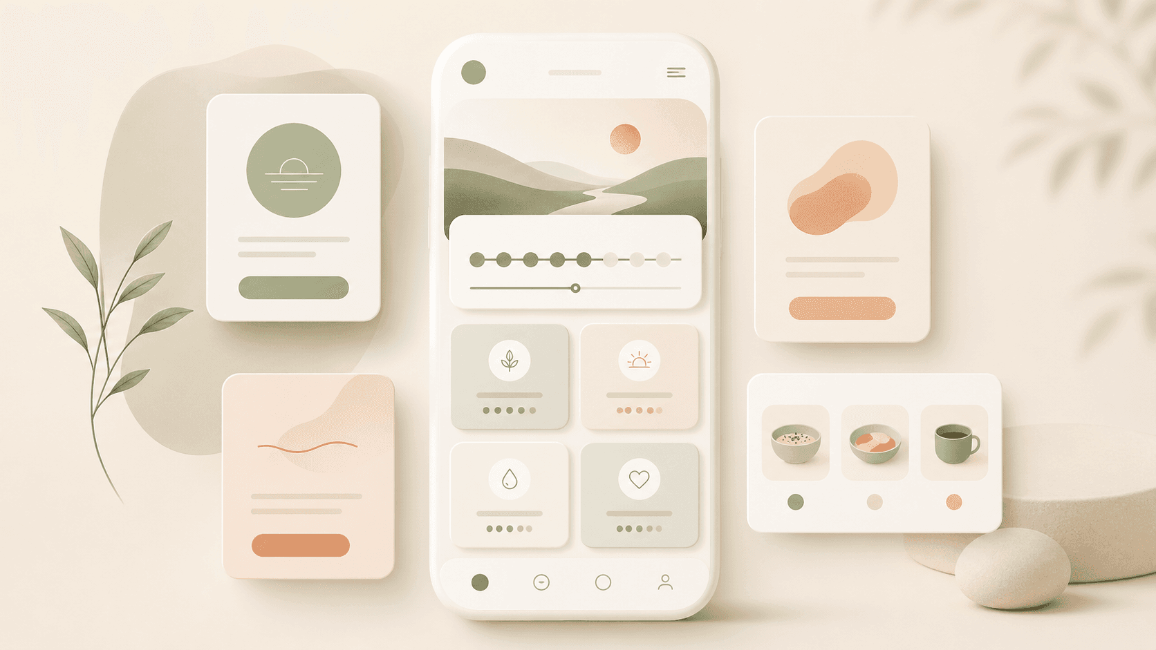 ResetBite App-Vorschau mit ruhigen Karten für Gewohnheiten, Notfallmodus und 90-Tage-Fortschritt